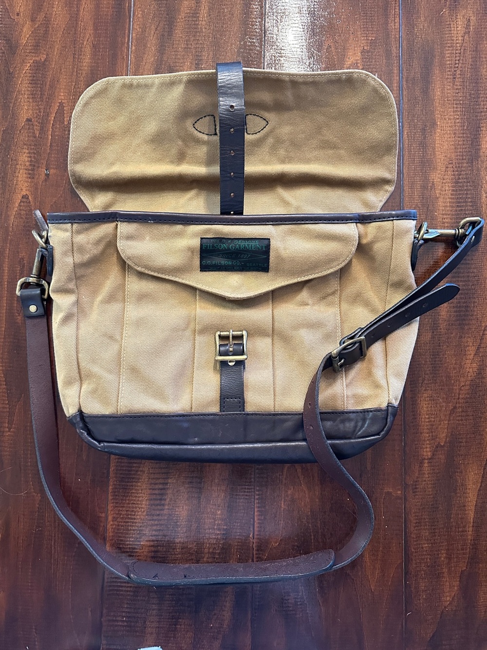 Filson ~ Small Field Bag made with Rugged Twill and saddle grade Brindle Leather